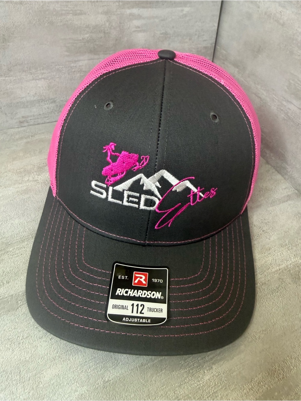 Richardson Trucker Hat Black Pink Adjustable Mesh Back Embroidered Sled Logo